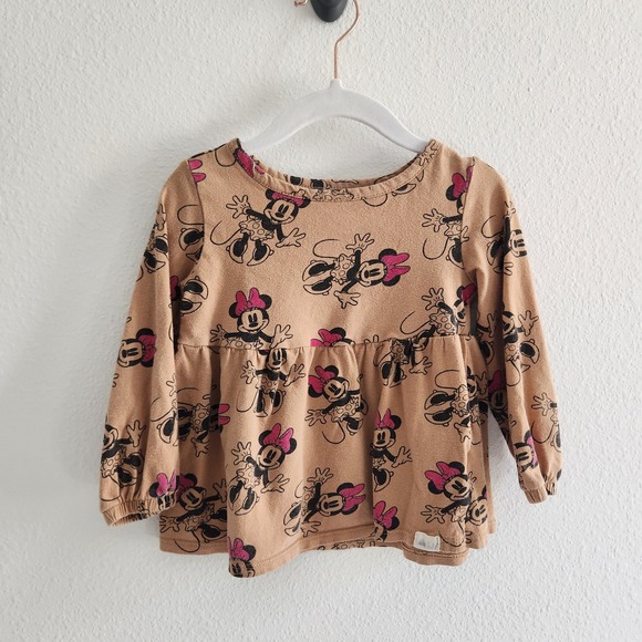 Baby Gap Other - Baby Gap Disney Minnie Mouse Tan Peplum Long Sleeve‎ Top Organic Cotton size 2T